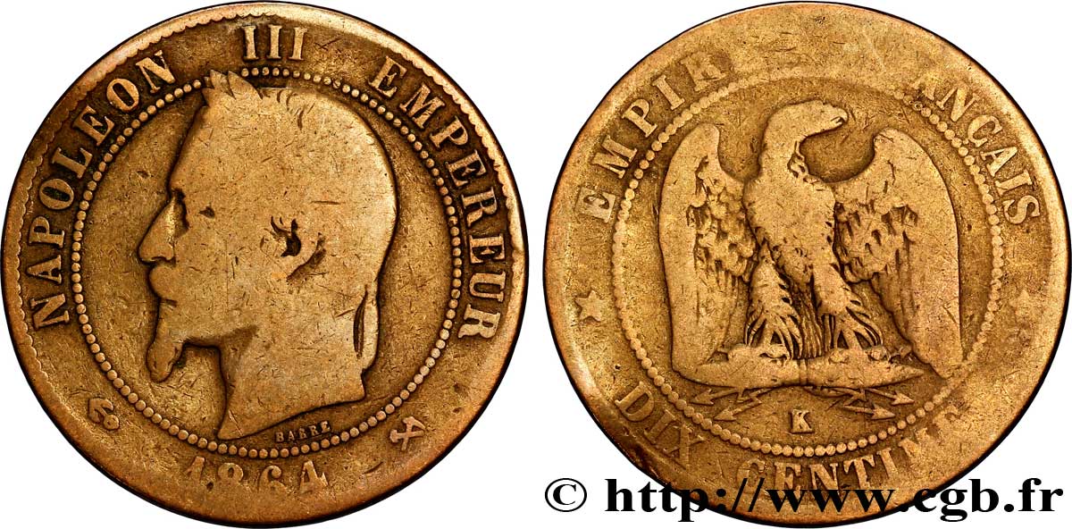 Dix centimes Napoléon III, tête laurée 1864 Bordeaux F.134/15 B8 