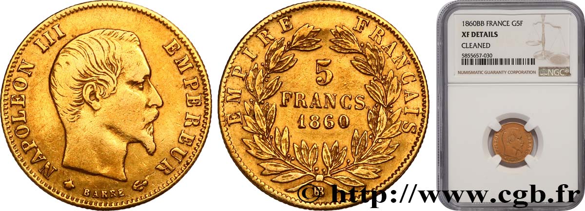 5 francs or Napoléon III tête nue, grand module 1860 Strasbourg F.501/13 XF NGC