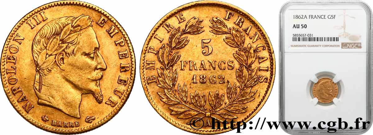 5 francs or Napoléon III, tête laurée 1862 Paris F.502/1 TTB50 NGC