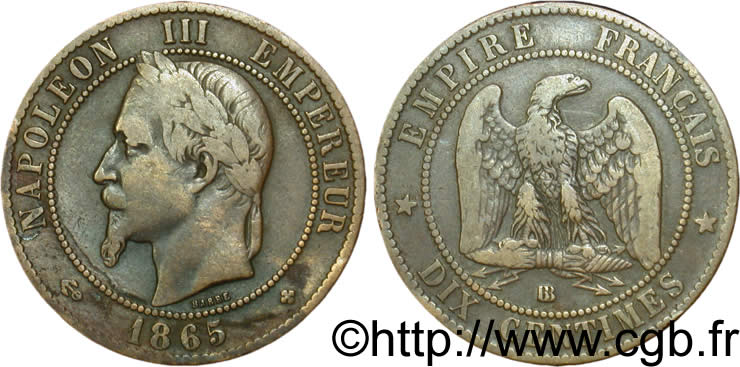 Dix centimes Napoléon III, tête laurée 1865 Strasbourg F.134/17 TB20 