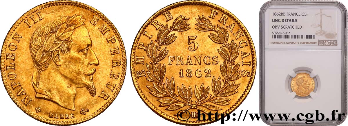 5 francs or Napoléon III, tête laurée 1862 Strasbourg F.502/2 SUP+ NGC