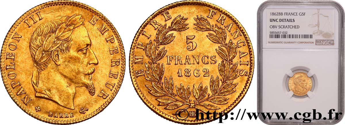 5 francs or Napoléon III, tête laurée 1862 Strasbourg F.502/2 EBC+ NGC