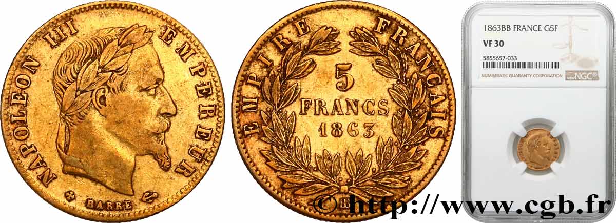 5 francs or Napoléon III, tête laurée 1863 Strasbourg F.502/4 VF30 NGC