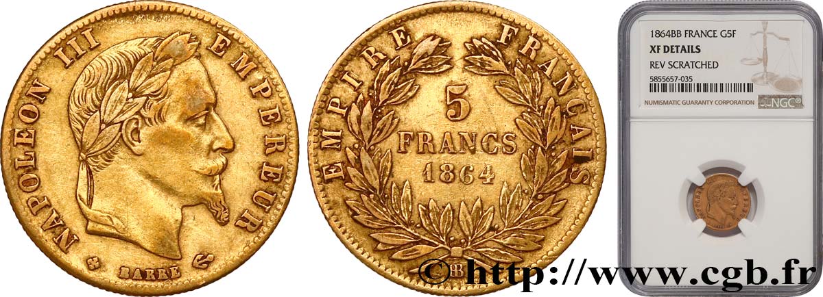 5 francs or Napoléon III, tête laurée 1864 Strasbourg F.502/6 XF NGC