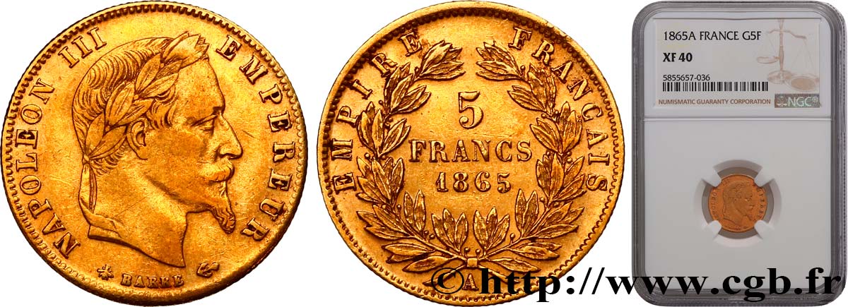 5 francs or Napoléon III, tête laurée 1865 Paris F.502/7 XF40 NGC