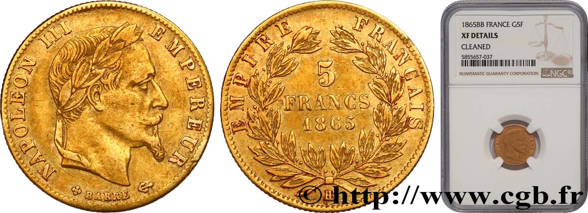 5 francs or Napoléon III, tête laurée 1865 Strasbourg F.502/8 TTB NGC