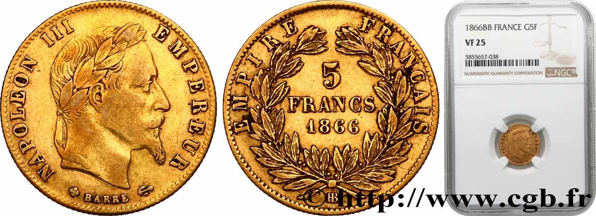 5 francs or Napoléon III, tête laurée 1866 Strasbourg F.502/10 BC25 NGC