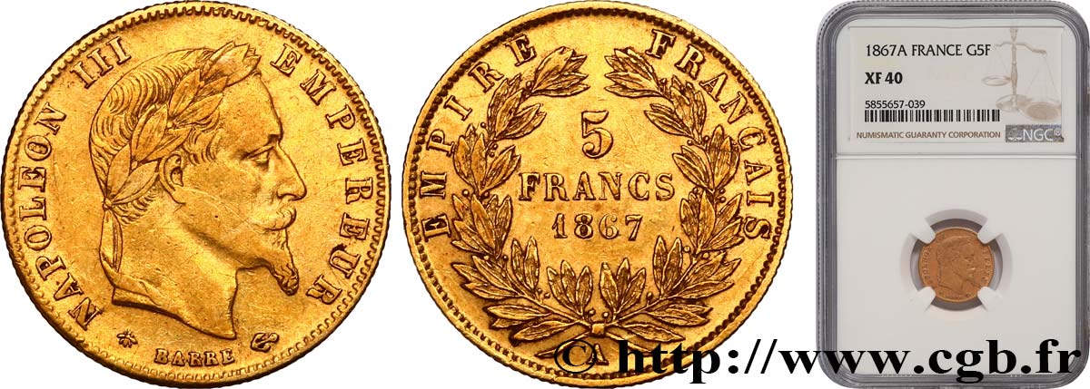 5 francs or Napoléon III, tête laurée 1867 Paris F.502/11 XF40 NGC