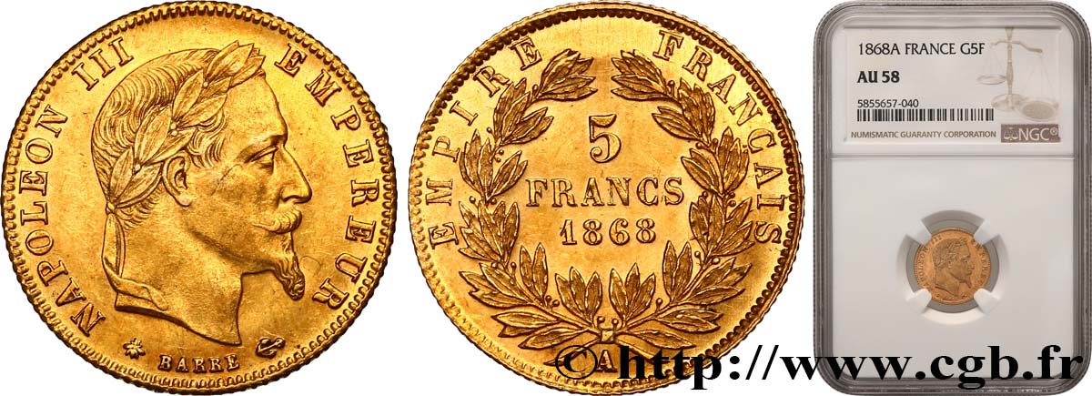 5 francs or Napoléon III, tête laurée 1868 Paris F.502/13 EBC58 NGC