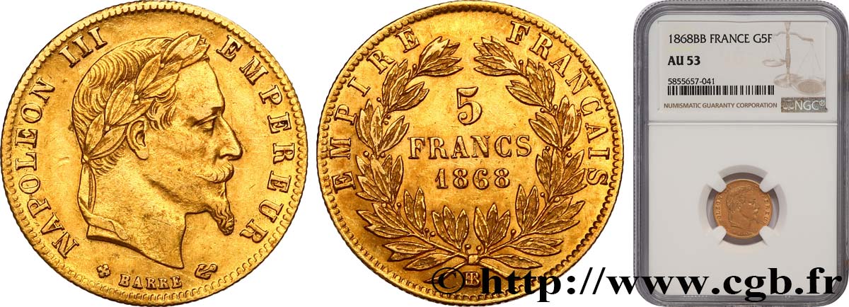 5 francs or Napoléon III, tête laurée 1868 Strasbourg F.502/14 AU53 NGC