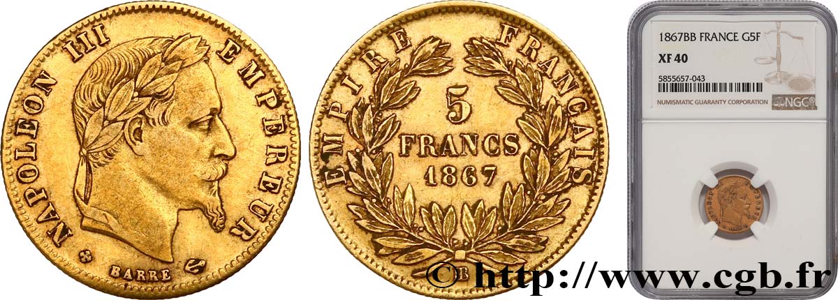 5 francs or Napoléon III, tête laurée 1867 Strasbourg F.502/12 TTB40 NGC
