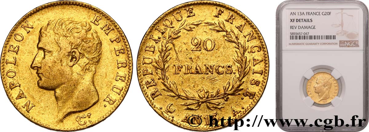 20 francs Napoléon tête nue, calendrier révolutionnaire 1805 Paris F.512/1 MBC NGC