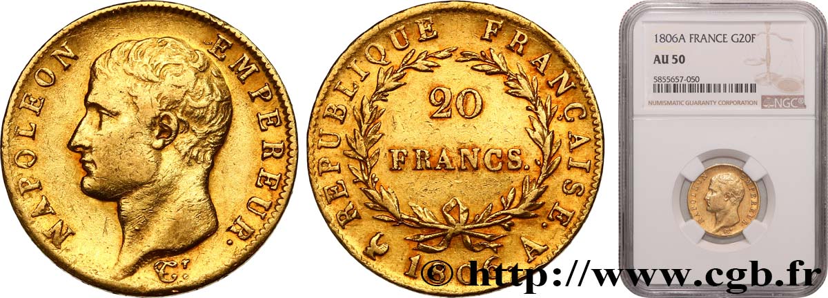 20 francs Napoléon tête nue, calendrier grégorien 1806 Paris F.513/1 TTB50 NGC
