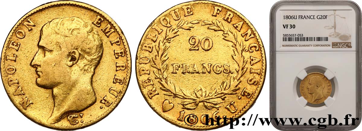 20 francs Napoléon tête nue, calendrier grégorien 1806 Turin F.513/4 VF30 NGC