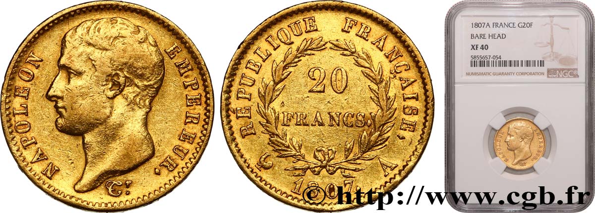 20 francs or Napoléon tête nue, type transitoire 1807 Paris F.514/1 XF40 NGC