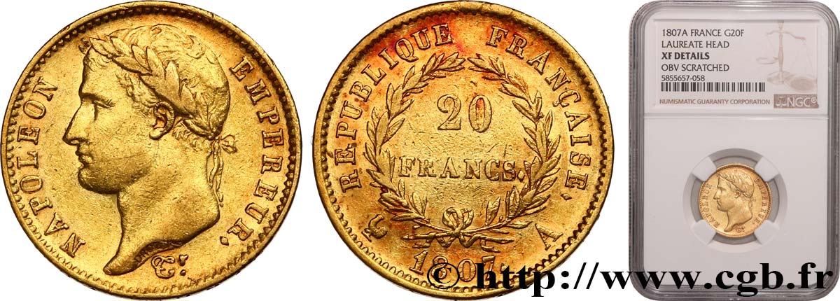 20 francs Napoléon tête laurée, République française 1807 Paris F.515/1 TTB NGC