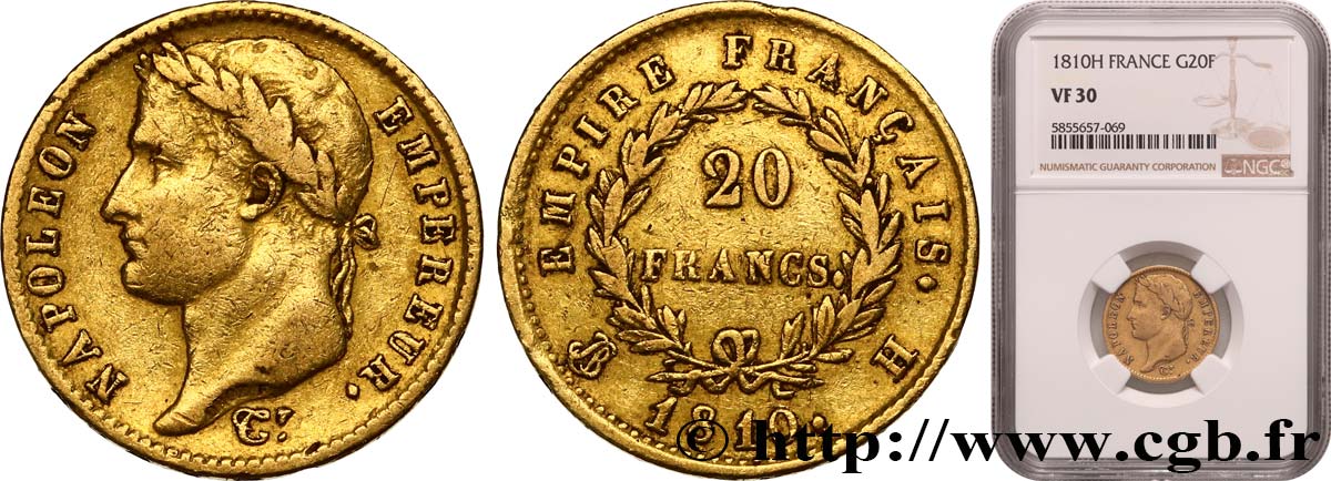 20 francs or Napoléon, tête laurée, Empire français 1810 La Rochelle F.516/10 VF30 NGC