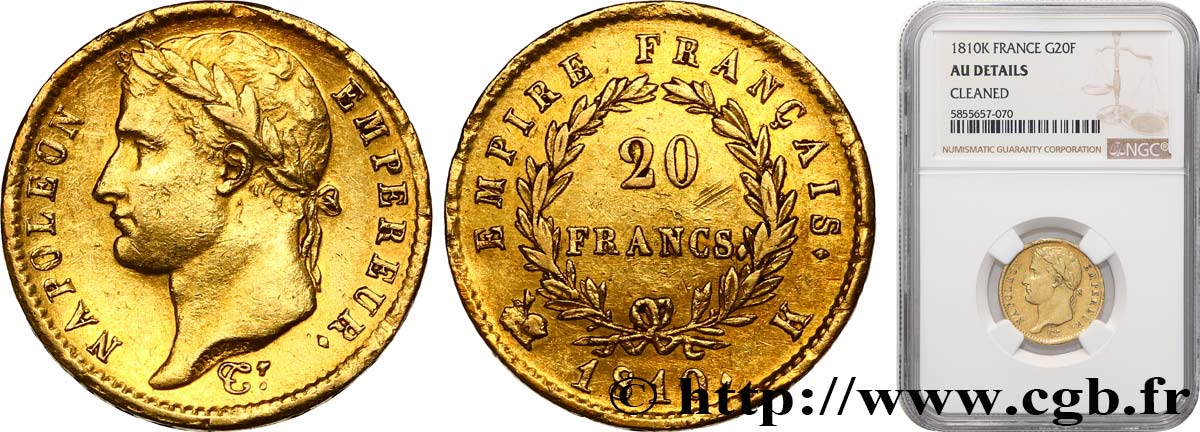 20 francs or Napoléon, tête laurée, Empire français 1810 Bordeaux F.516/11 TTB+ NGC