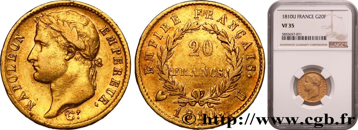 20 francs or Napoléon, tête laurée, Empire français 1810 Turin F.516/14 VF35 NGC