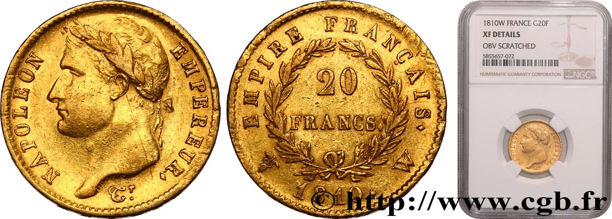 20 francs or Napoléon, tête laurée, Empire français 1810 Lille F.516/15 TTB NGC