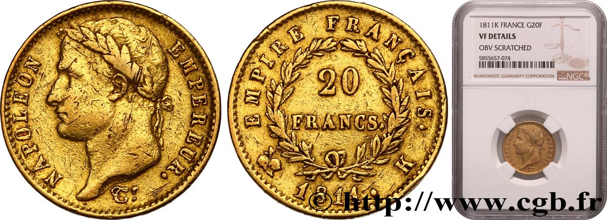 20 francs or Napoléon, tête laurée, Empire français 1811 Bordeaux F.516/18 S NGC