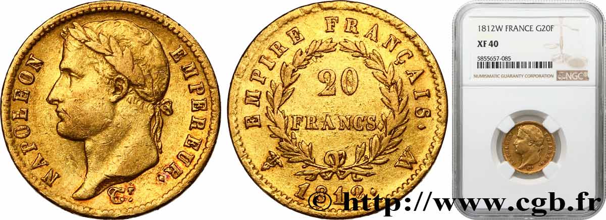 20 francs or Napoléon, tête laurée, Empire français 1812 Lille F.516/29 BB40 NGC