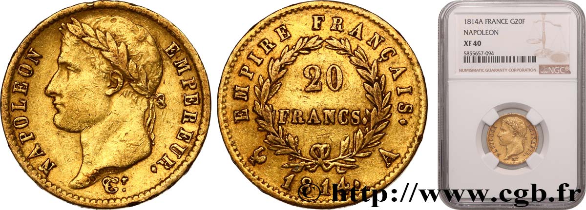 20 francs or Napoléon, tête laurée, Empire français 1814 Paris F.516/39 TTB40 NGC