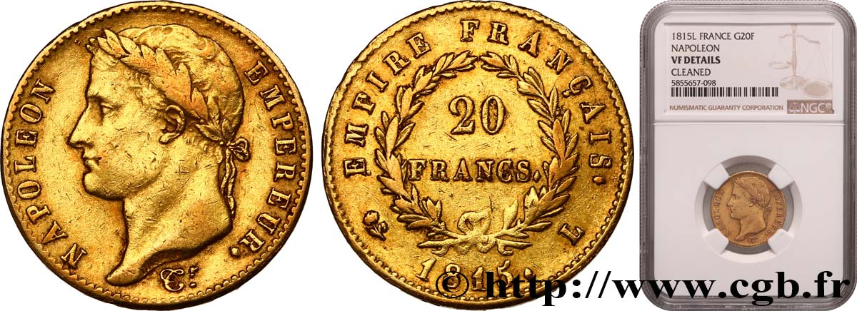 20 francs or Napoléon, tête laurée, Empire français 1815 Bayonne F.516A/2 BC NGC