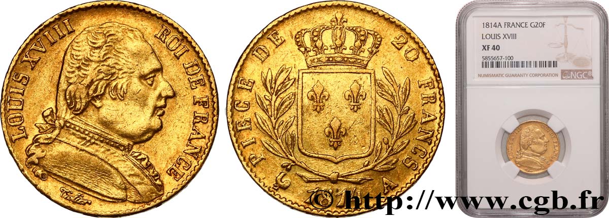 20 francs or Louis XVIII, buste habillé 1814 Paris F.517/2 TTB40 NGC