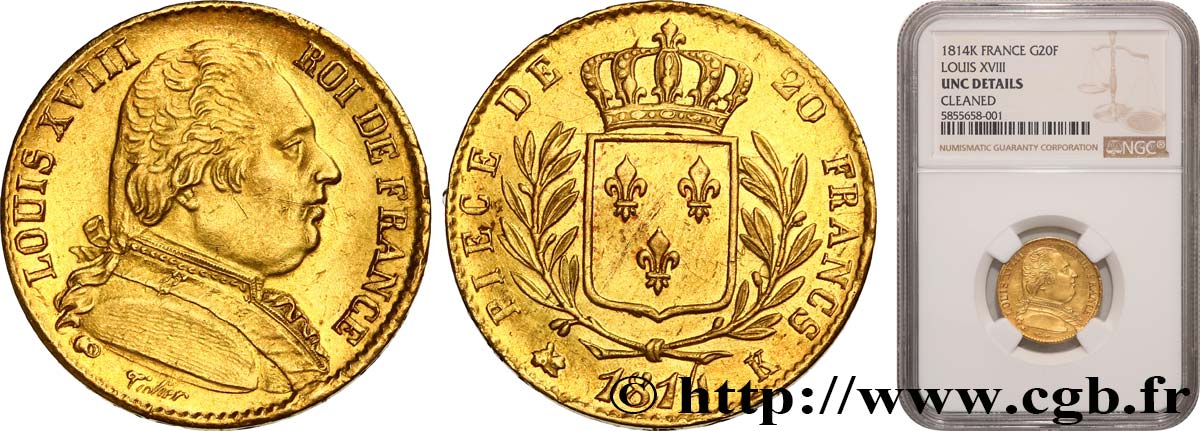 20 francs or Louis XVIII, buste habillé 1814 Bordeaux F.517/3 EBC+ NGC