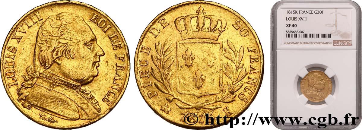 20 francs or Louis XVIII, buste habillé 1815 Bordeaux F.517/12 TTB40 NGC