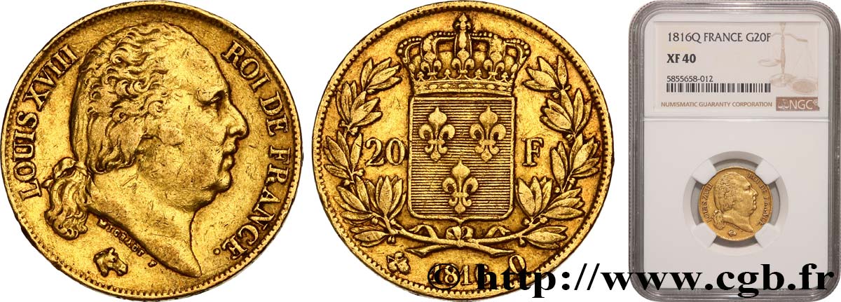 20 francs or Louis XVIII, tête nue 1816 Perpignan F.519/3 XF40 NGC