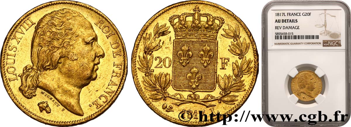 20 francs or Louis XVIII, tête nue 1817 Bayonne F.519/7 fVZ NGC