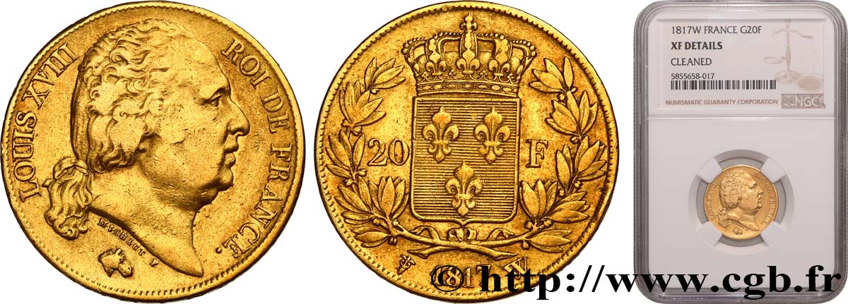 20 francs or Louis XVIII, tête nue 1817 Lille F.519/9 XF NGC