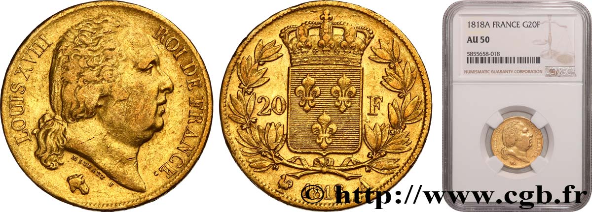 20 francs or Louis XVIII, tête nue 1818 Paris F.519/10 SS50 NGC