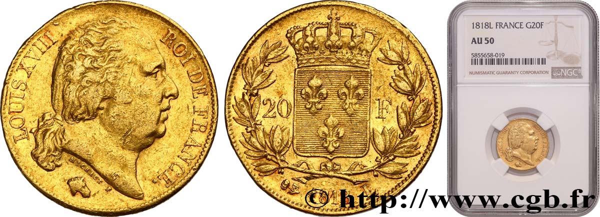 20 francs or Louis XVIII, tête nue 1818 Bayonne F.519/11 AU50 NGC