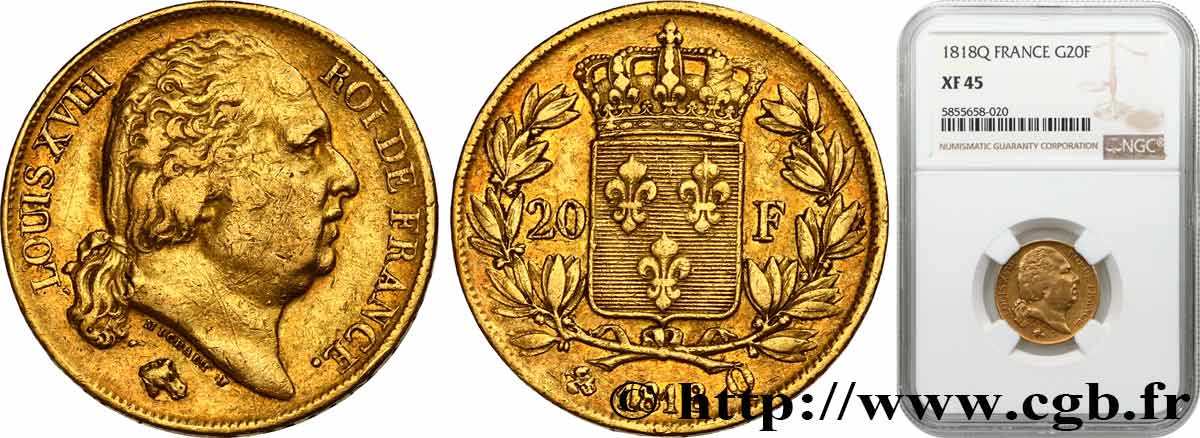 20 francs or Louis XVIII, tête nue 1818 Perpignan F.519/12 XF45 NGC