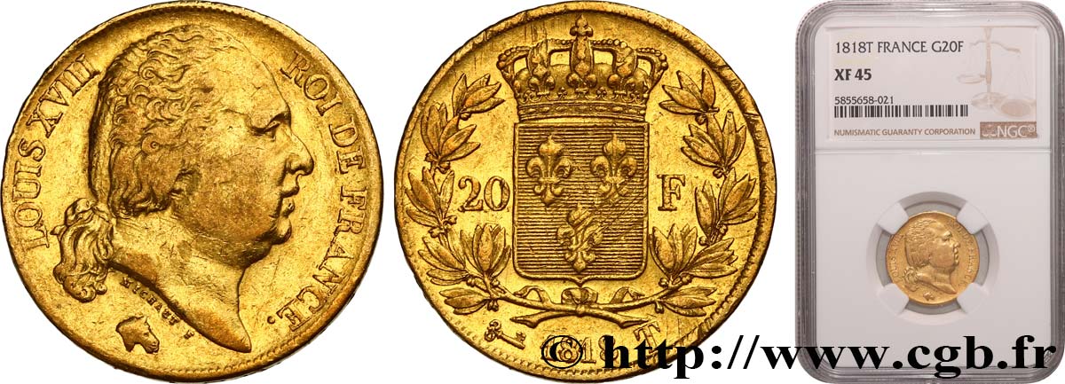 20 francs or Louis XVIII, tête nue 1818 Nantes F.519/13 TTB45 NGC