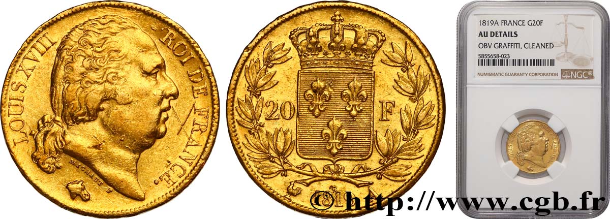 20 francs or Louis XVIII, tête nue 1819 Paris F.519/15 TTB+ NGC