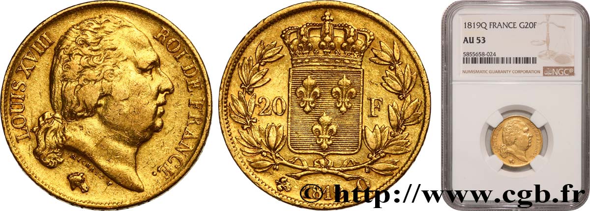 20 francs or Louis XVIII, tête nue 1819 Perpignan F.519/16 TTB53 NGC