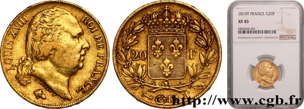 20 francs or Louis XVIII, tête nue 1819 Nantes F.519/17 TTB45 NGC