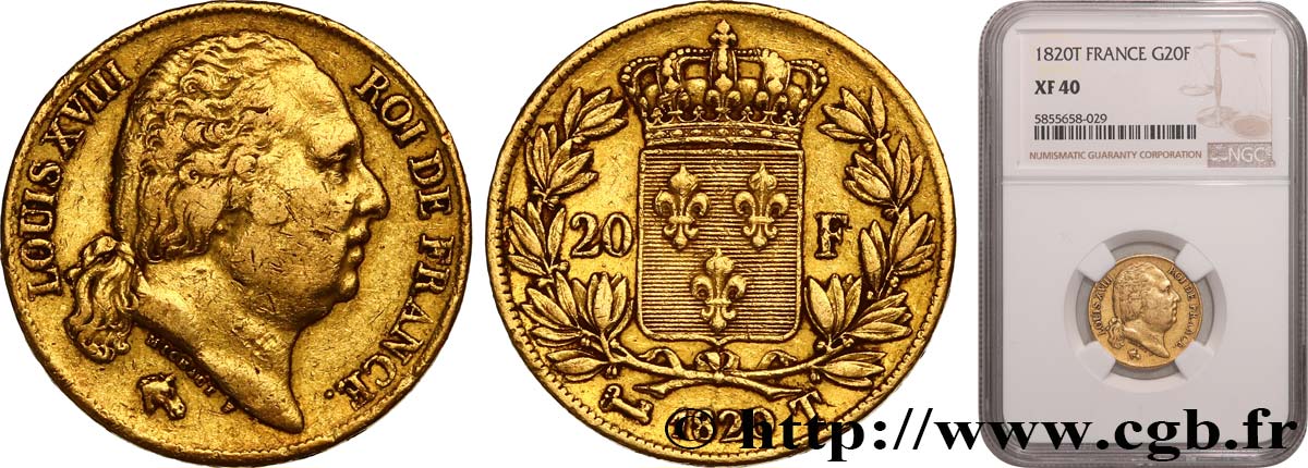 20 francs or Louis XVIII, tête nue 1820 Nantes F.519/22 XF40 NGC