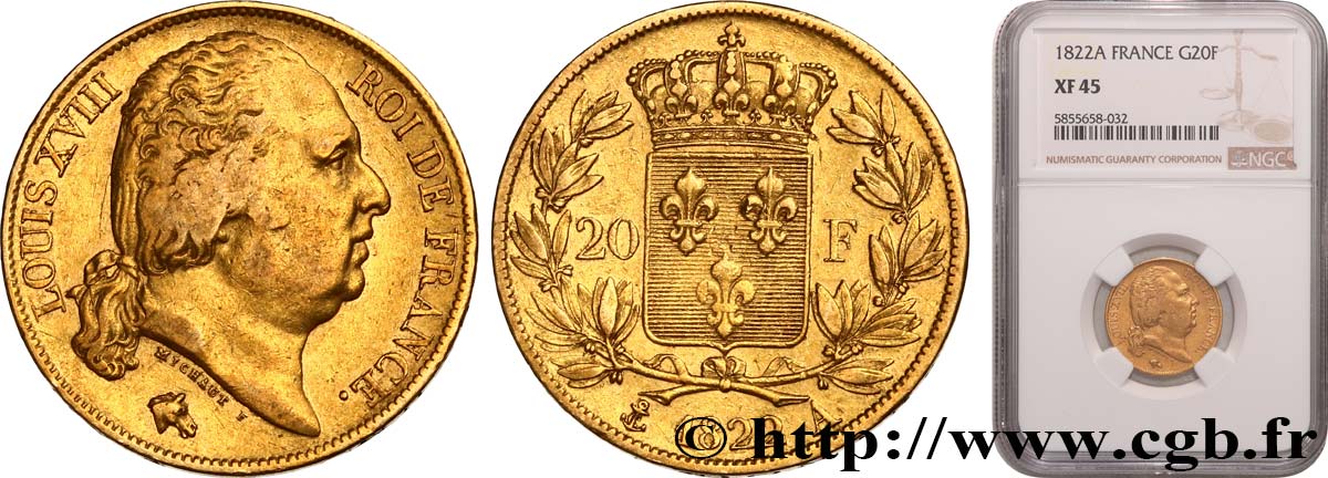 20 francs or Louis XVIII, tête nue 1822 Paris F.519/26 SS45 NGC