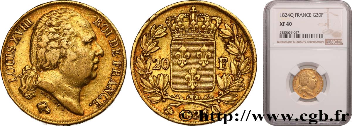 20 francs or Louis XVIII, tête nue 1824 Perpignan F.519/33 TTB40 NGC