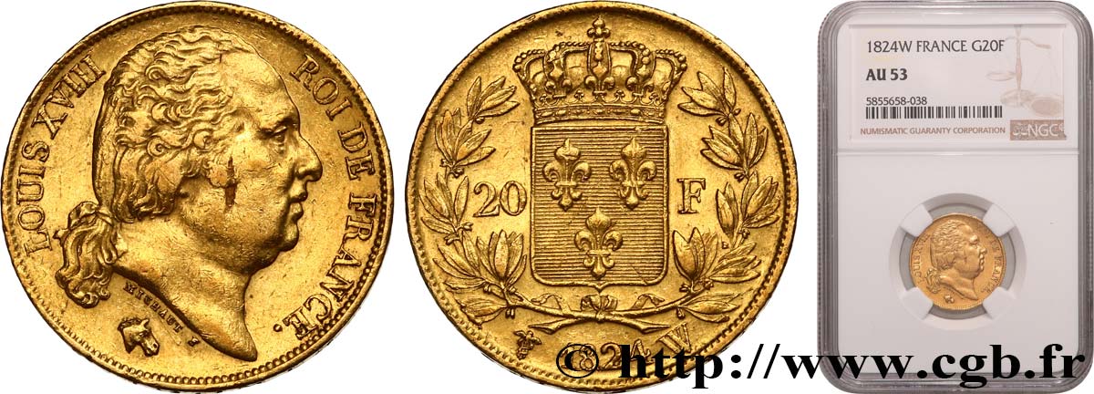 20 francs or Louis XVIII, tête nue 1824 Lille F.519/34 TTB53 NGC