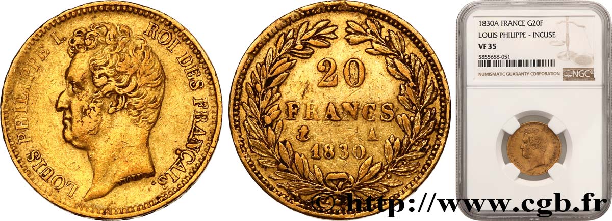 20 francs or Louis-Philippe, Tiolier, tranche inscrite en creux 1830 Paris F.524/1 BC35 NGC