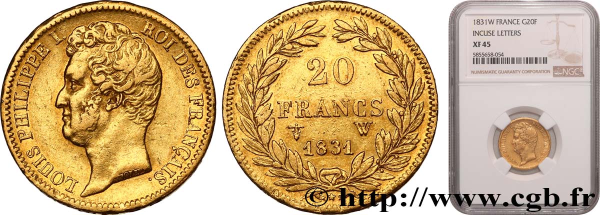 20 francs or Louis-Philippe, Tiolier, tranche inscrite en creux 1831 Lille F.524/4 TTB45 NGC