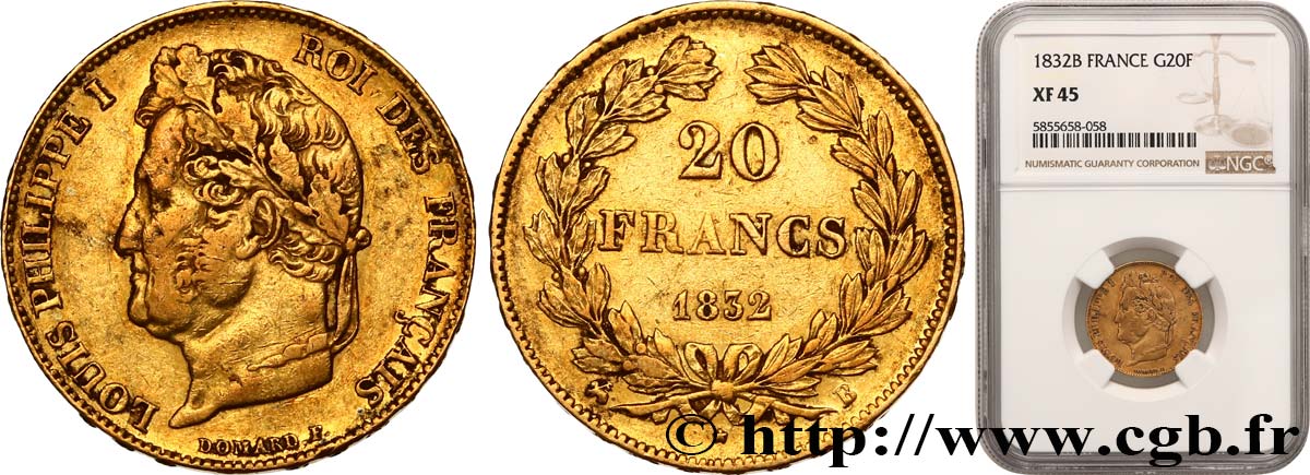 20 francs Louis-Philippe, Domard 1832 Rouen F.527/2 MBC45 NGC
