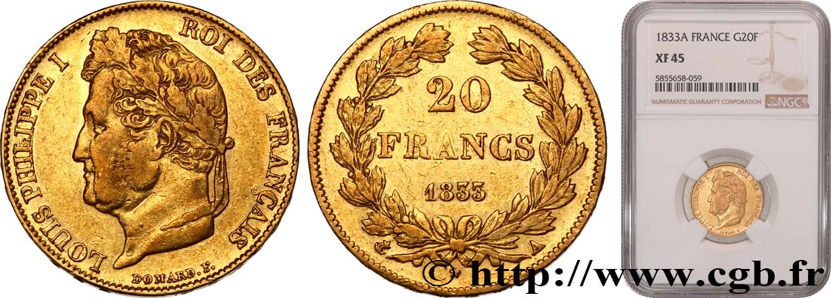 20 francs Louis-Philippe, Domard 1833 Paris F.527/4 TTB45 NGC