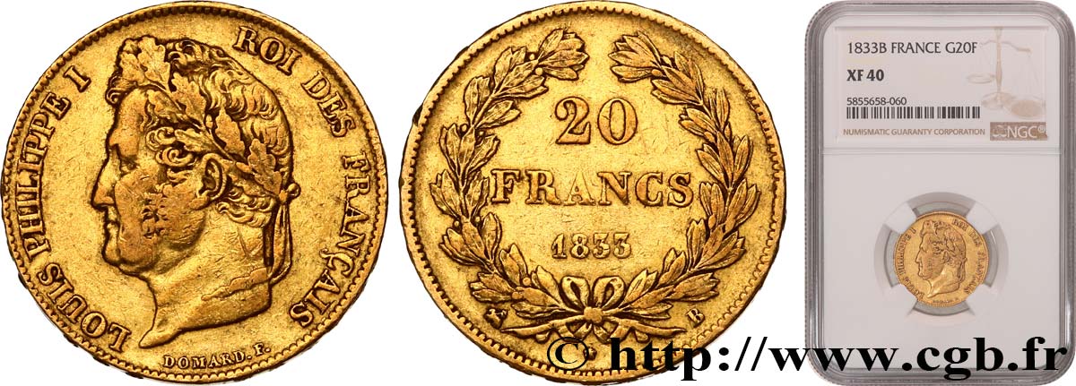 20 francs Louis-Philippe, Domard 1833 Rouen F.527/5 XF40 NGC